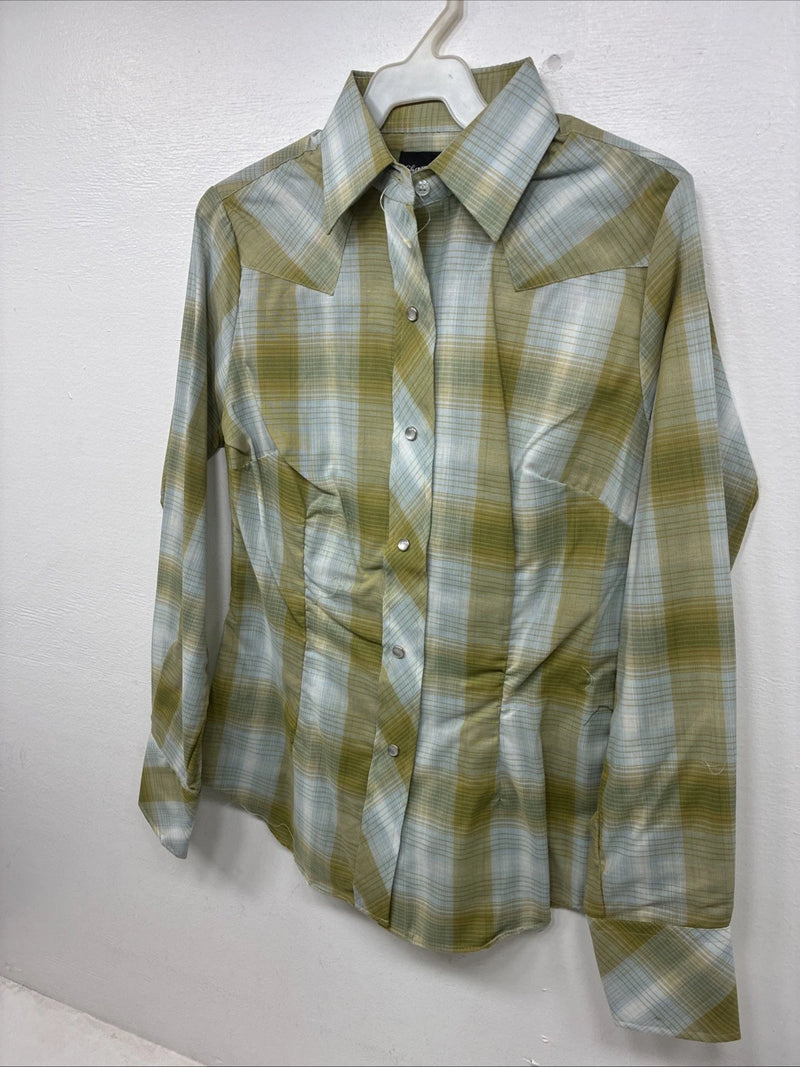 New Women’s Champion Western Green Plaid Long Sleeve Pearl Snap Size 10 KK-89