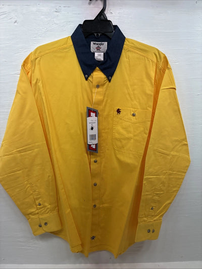 New Men’s Wrangler PBR Yellow Jean Design Long Sleeve Button Up XL O-46
