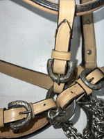 Used Light Oil Genuine Leather Show Halter With Lead Rope Silver Accents W-23