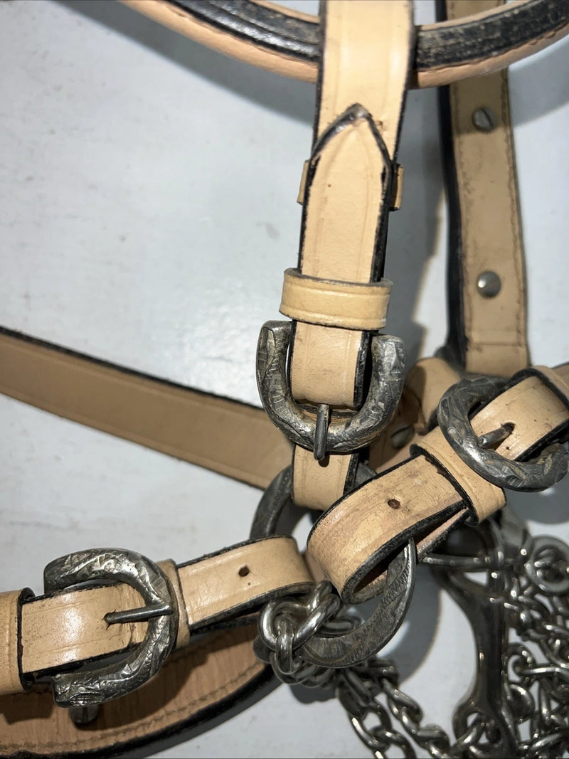 Used Light Oil Genuine Leather Show Halter With Lead Rope Silver Accents W-23