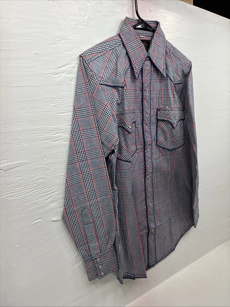 New Men’s Champion Westerns Blue Red Plaid Long Sleeve Pearl Snap 14 Small R-26