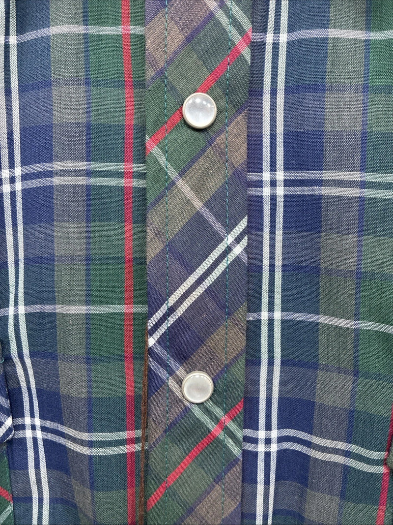New Men’s ELY Plains Green Blue Plaid Long Sleeve Pearl Snap 16.5 Large  AA-12