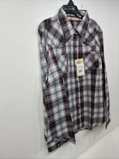 New Women’s Cumberland Purple Plaid Long Sleeve Pearl Snap 1XL GG-31