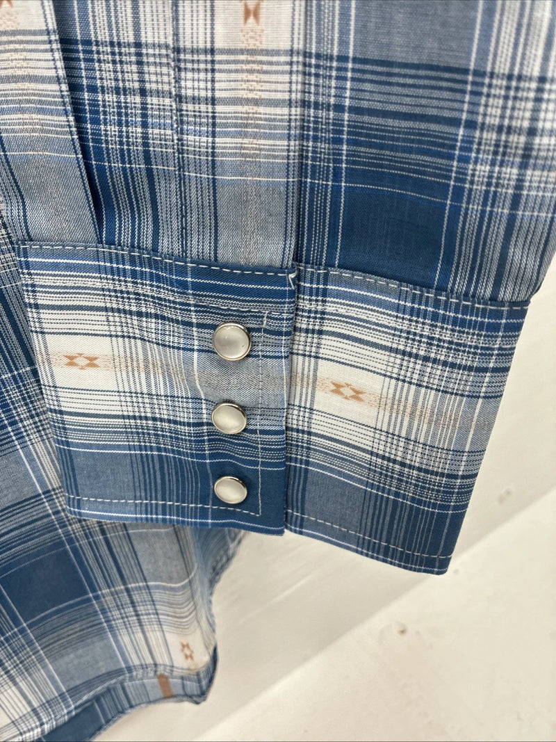 New Men’s ELY Cattleman Blue White Plaid Long Sleeve Pearl Snap XL T-44