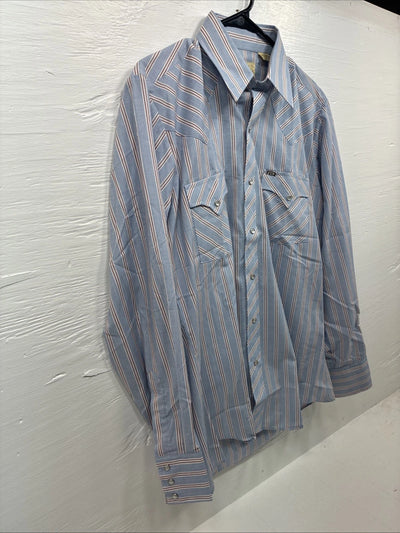 New Men’s ELY Cattleman blue Stripe Long Sleeve Pearl Snap 15.5 Medium Q-106