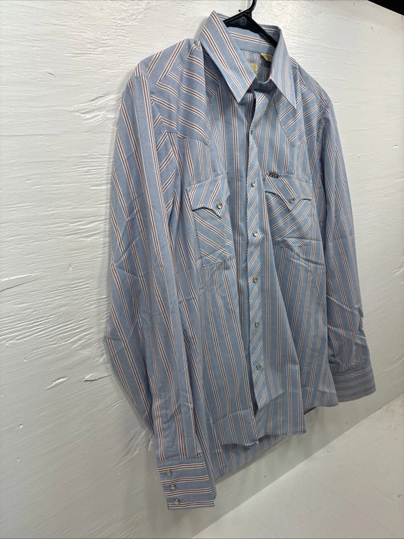 New Men’s ELY Cattleman blue Stripe Long Sleeve Pearl Snap 15.5 Medium Q-106