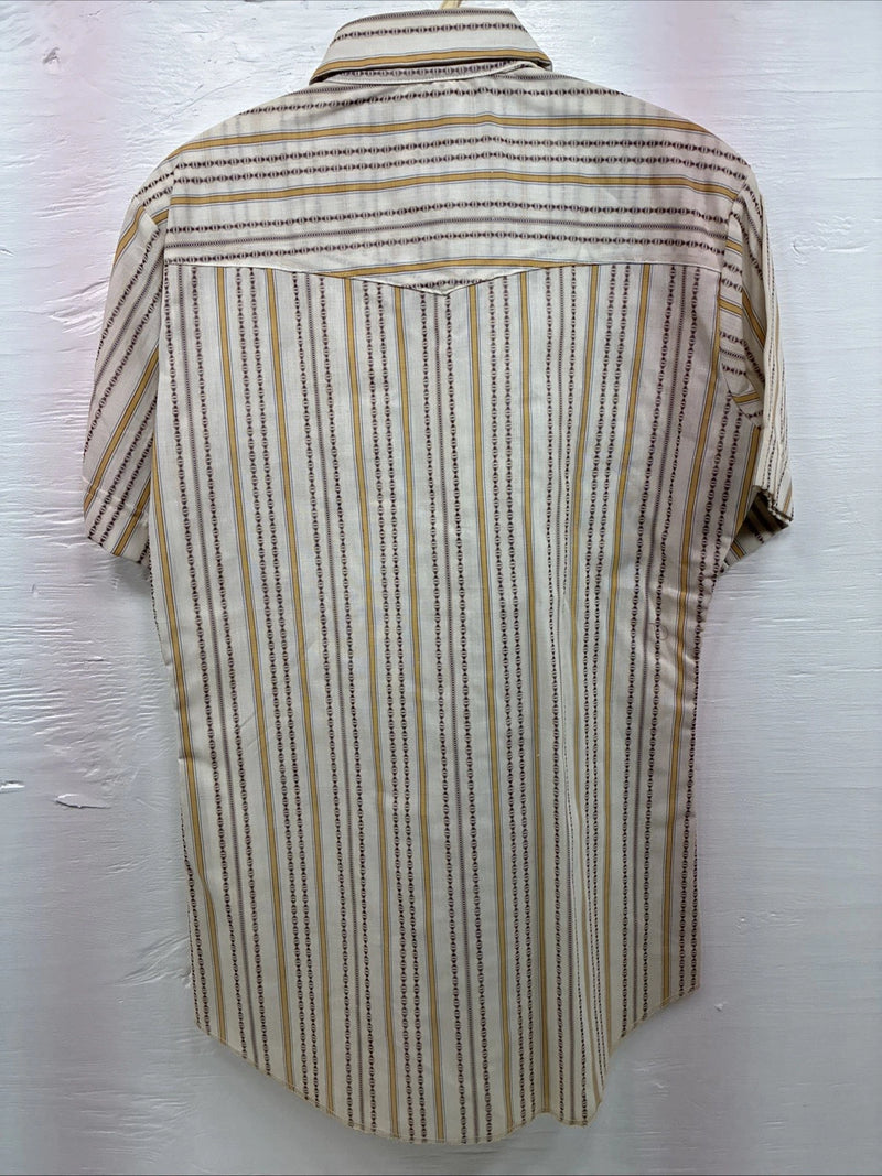 New Men’s Dee-Cee Tan Yellow Stripe Design Short Sleeve Pearl Snap Small O-80