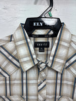 New Men’s ELY 1878 Brown Blue Plaid Long Sleeve Pearl Snap XL V-28