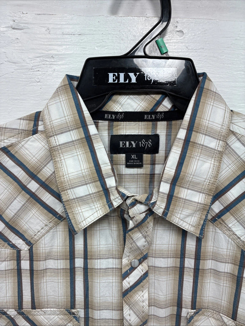 New Men’s ELY 1878 Brown Blue Plaid Long Sleeve Pearl Snap XL V-28