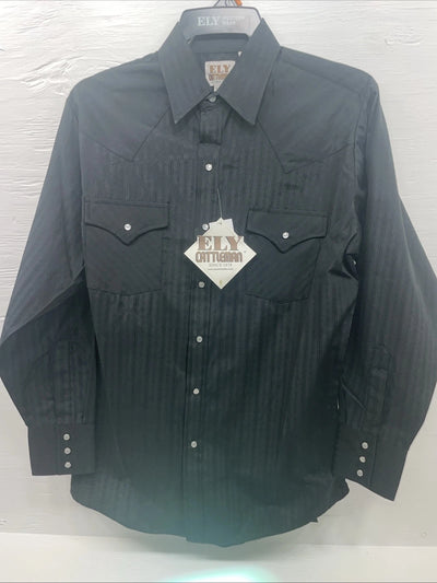 New Men’s ELY Cattleman Black Long Sleeve Pearl Snap 15.5 X 33 Medium B-115