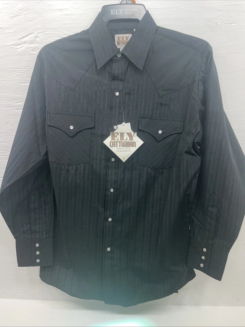 New Men’s ELY Cattleman Black Long Sleeve Pearl Snap 15.5 X 33 Medium B-115