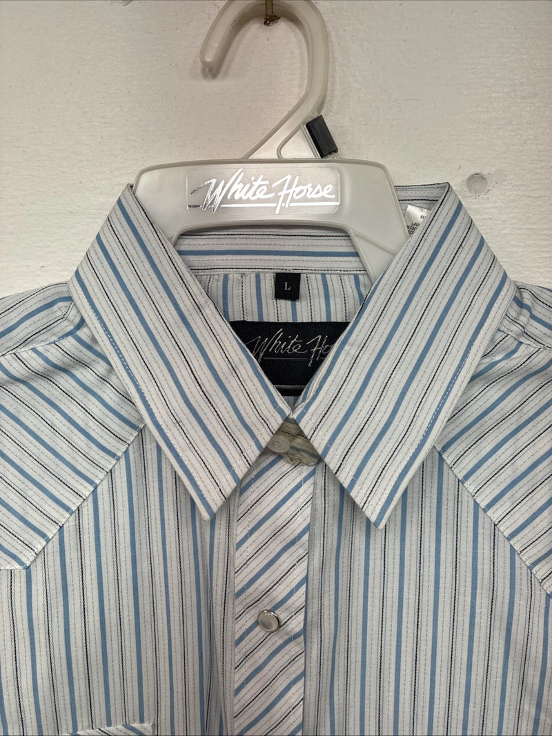 New Women’s White Horse Blue Stripe Long Sleeve Pearl Snap Large GG-74