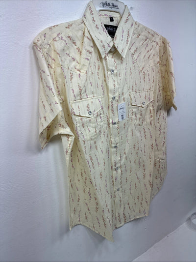 New Women’s White Horse Yellow Floral Short Sleeve Pearl Snap Large II-95