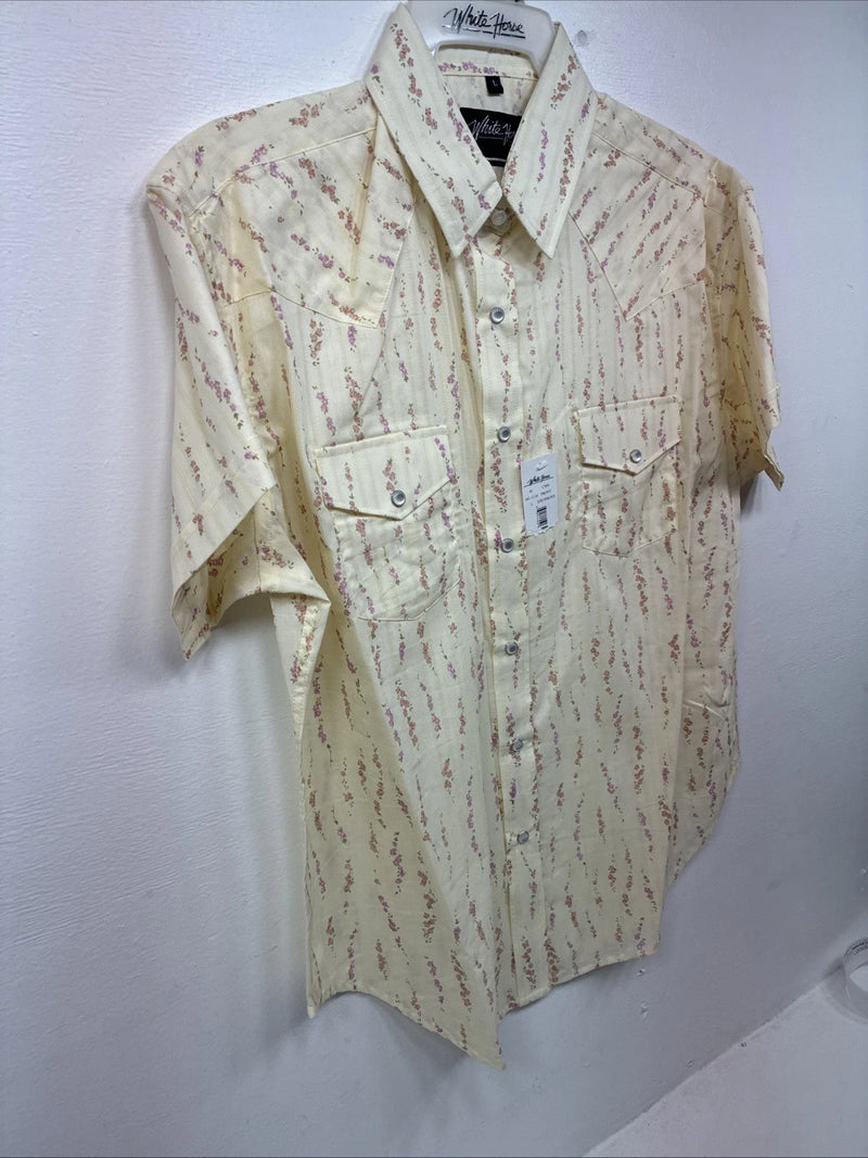 New Women’s White Horse Yellow Floral Short Sleeve Pearl Snap Large II-95