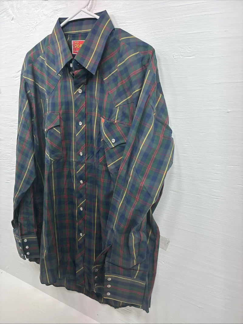 New Men’s ELY Plains Green Plaid Long Sleeve Pearl Snap 17 X 34 XL T-24