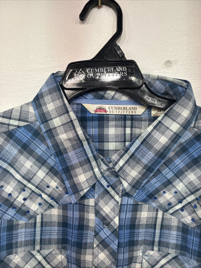 New Women Cumberland Blue Plaid Long Sleeve Pearl Snap 2XL GG-18