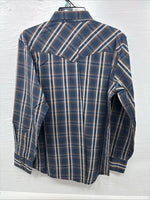 New Men’s ELY 1878 Blue Brown Plaid Long Sleeve Pearl Snap XL T-35