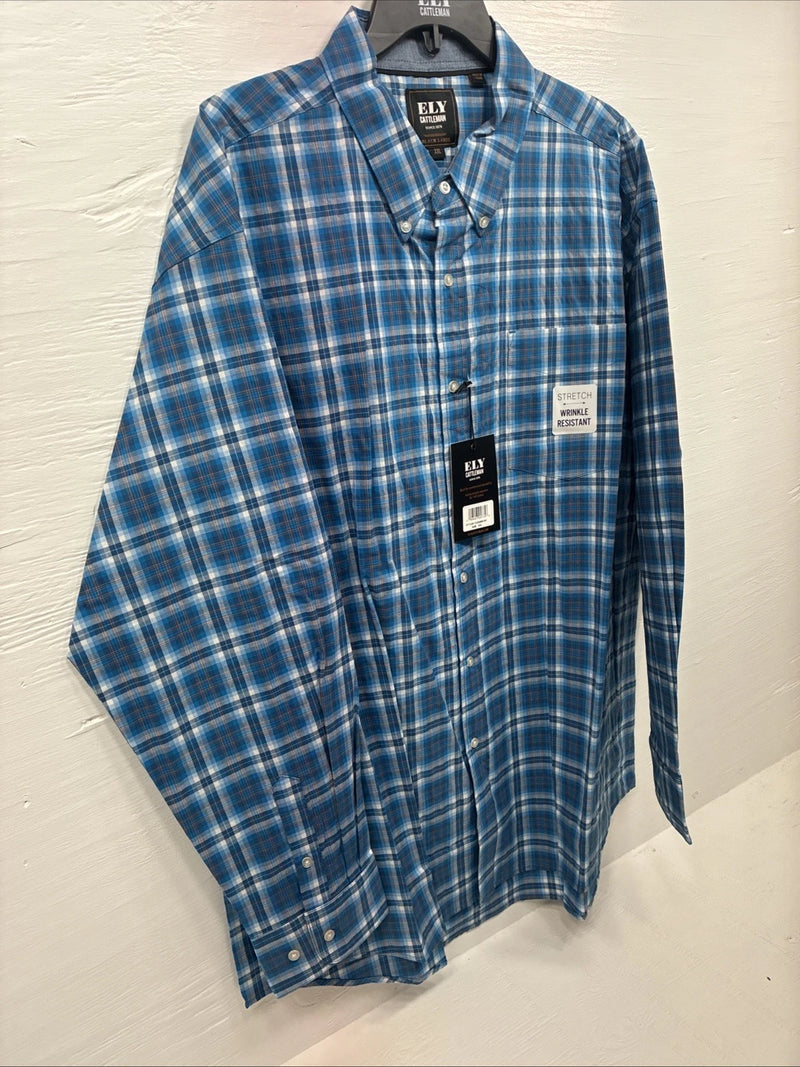 New Men’s ELY Cattleman Blue Plaid Long sleeve Button Up 2XL M-49 