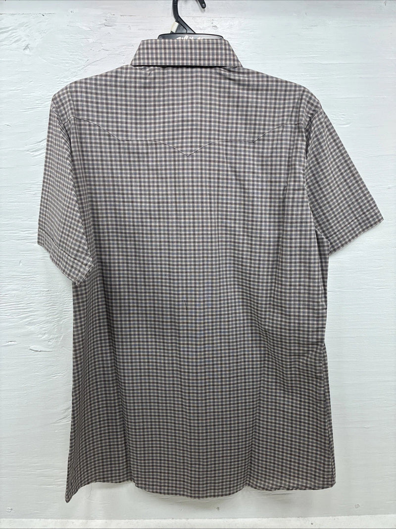 New Men’s White Horse brown Plaid Short Sleeve Pearl Snap Large CC-34
