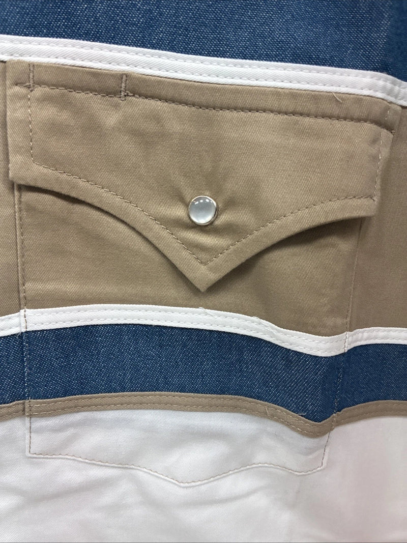 New Men’s ELY Cattleman White Blue Tan Western Long Sleeve Pearl Snap XL R-55