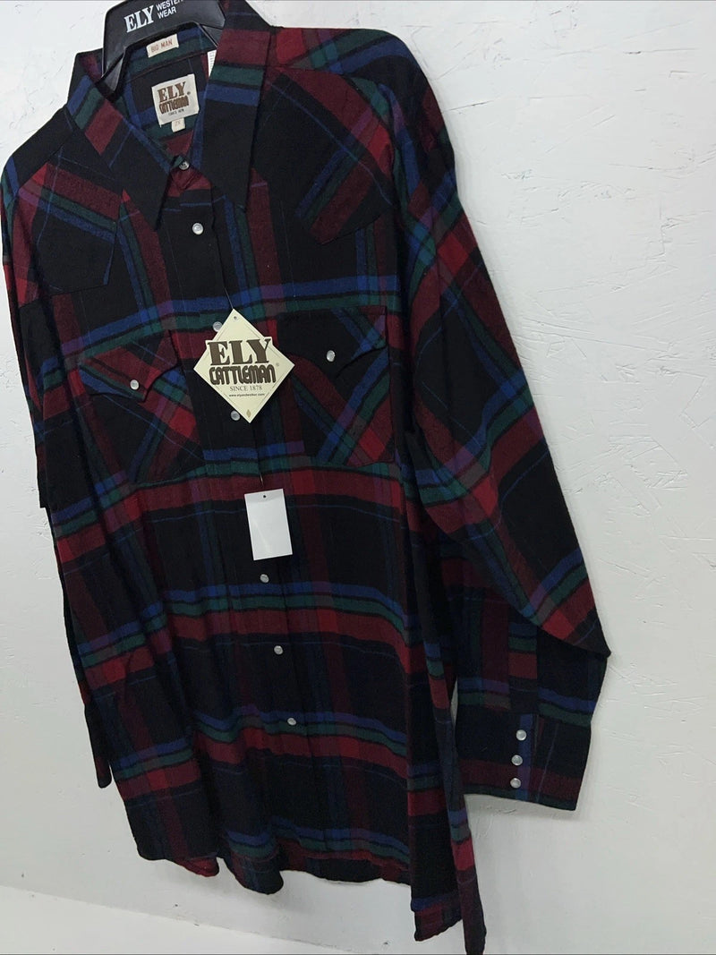 New Men’s Multicolor Plaid ELY cattleman Pearl Snap Long Sleeve Shirt. 2XL G-80