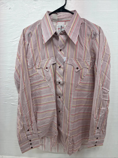New Men’s Tem Tex Pink Multicolor Stripe Long Sleeve Pearl Snap 16 Large M-27
