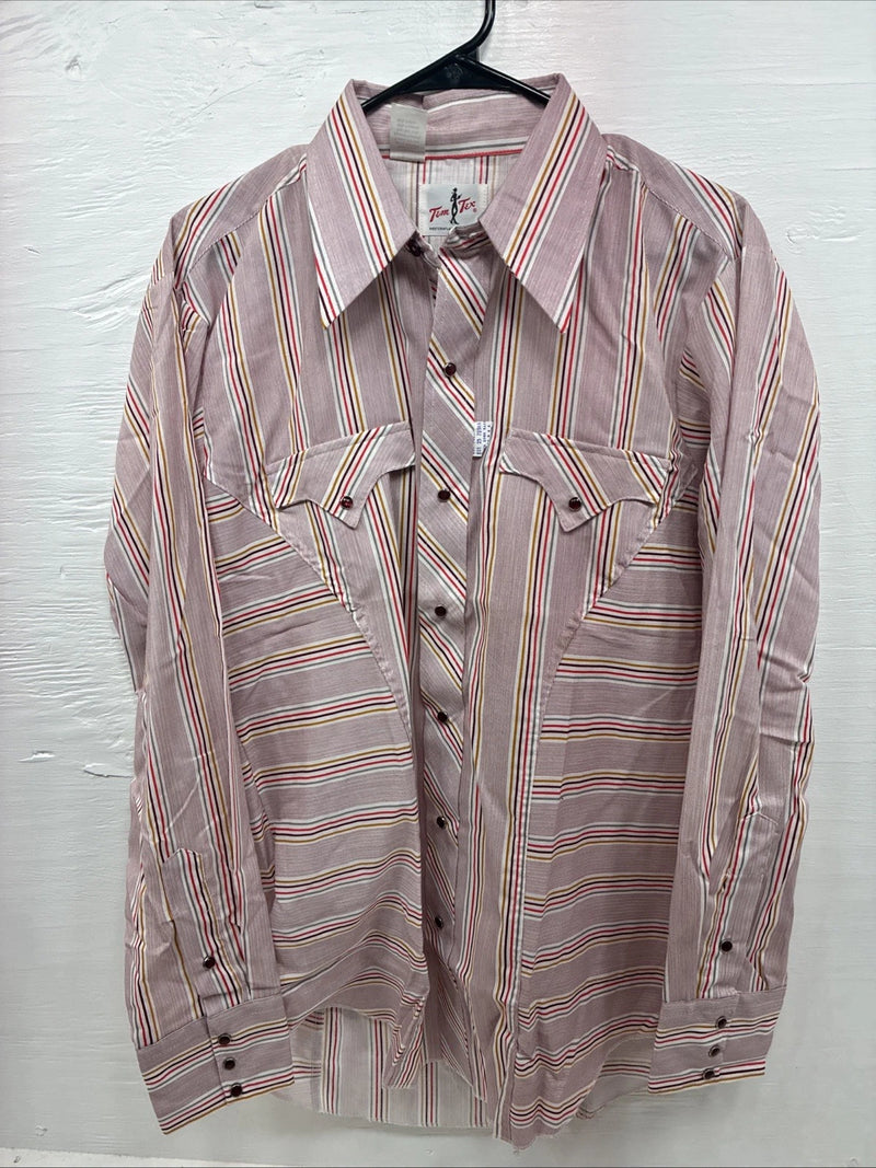 New Men’s Tem Tex Pink Multicolor Stripe Long Sleeve Pearl Snap 16 Large M-27