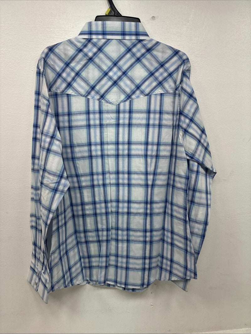 New Women’s Cumberland Blue Plaid Long Sleeve Pearl Snap Large GG-84