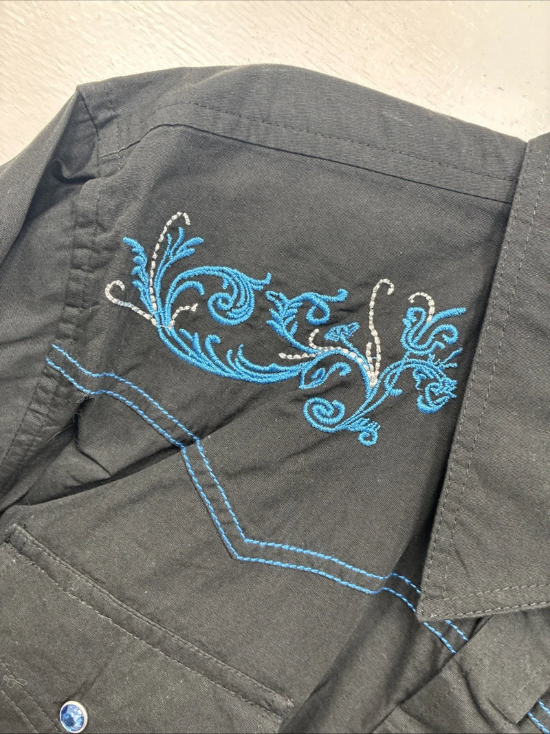 New Women’s Cumberland Black Blue Design Long Sleeve Pearl Snap 3XL II-3
