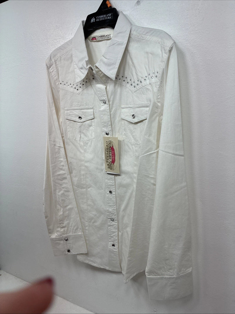New Women’s Cumberland White Gem Long Sleeve Pearl Snap Medium LL-83