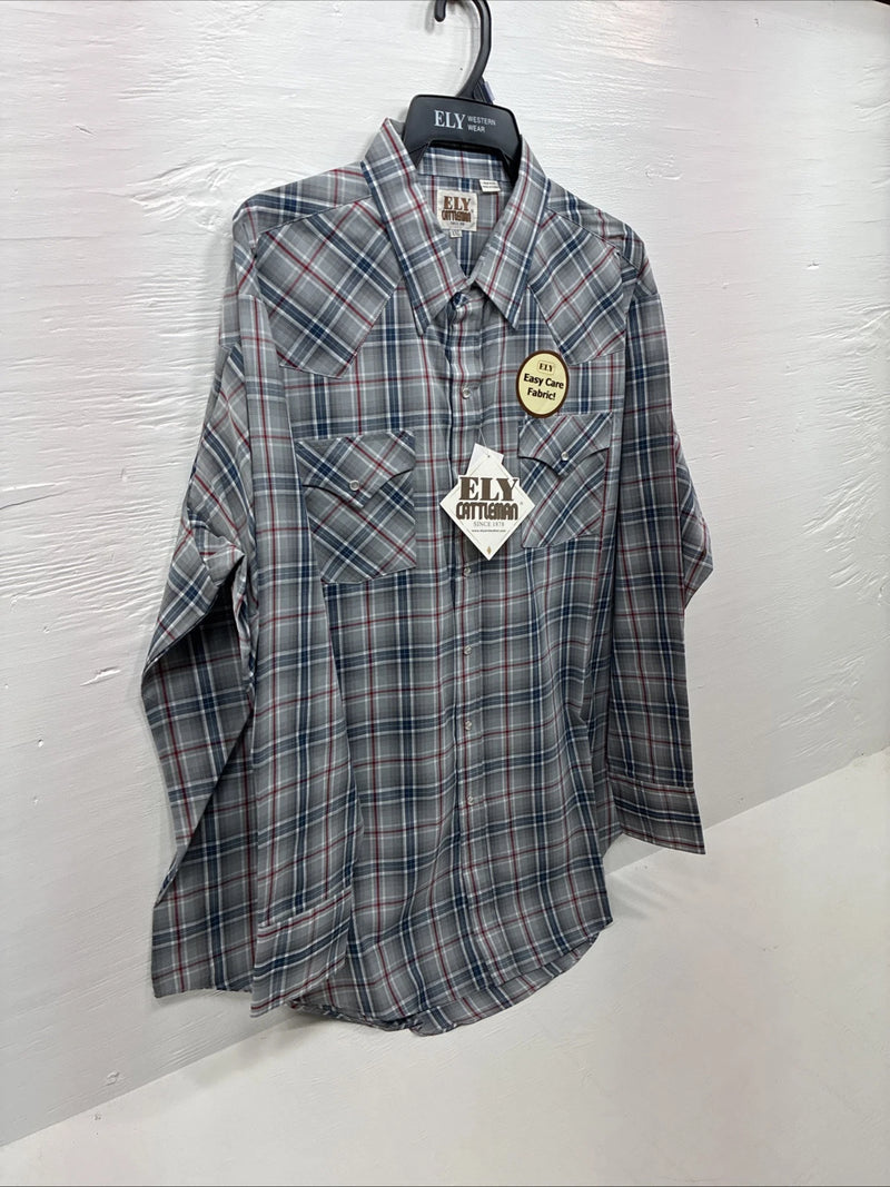 New Men’s ELY Cattleman Gray Multiple Flannel Long Sleeve Pearl Snap 2XL F-62