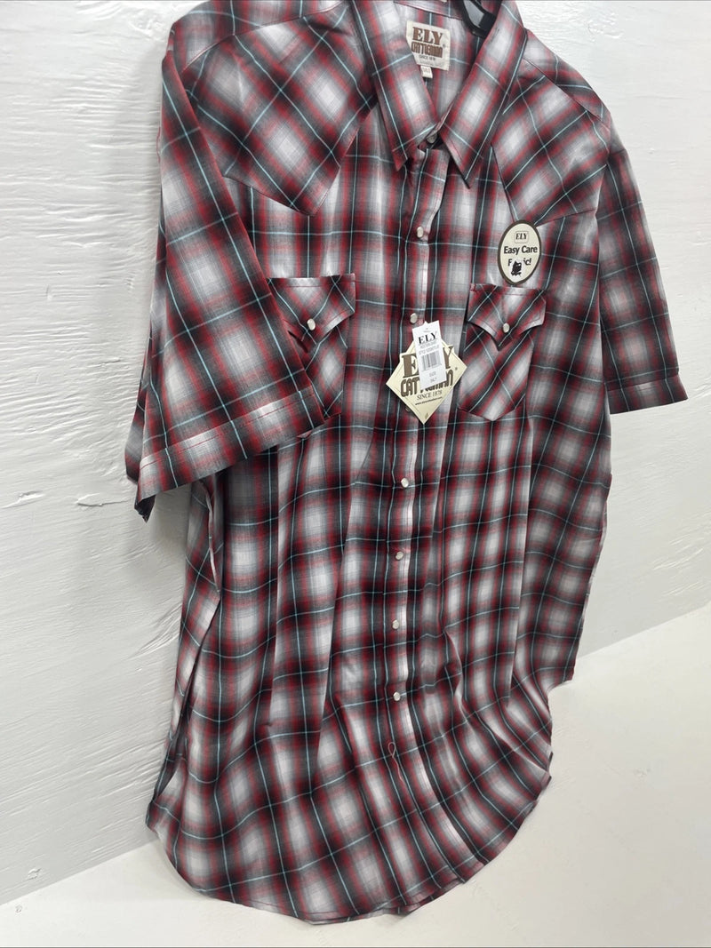 New Men’s ELY Cattleman red Short Sleeve Pearl Snap 3XL E-24