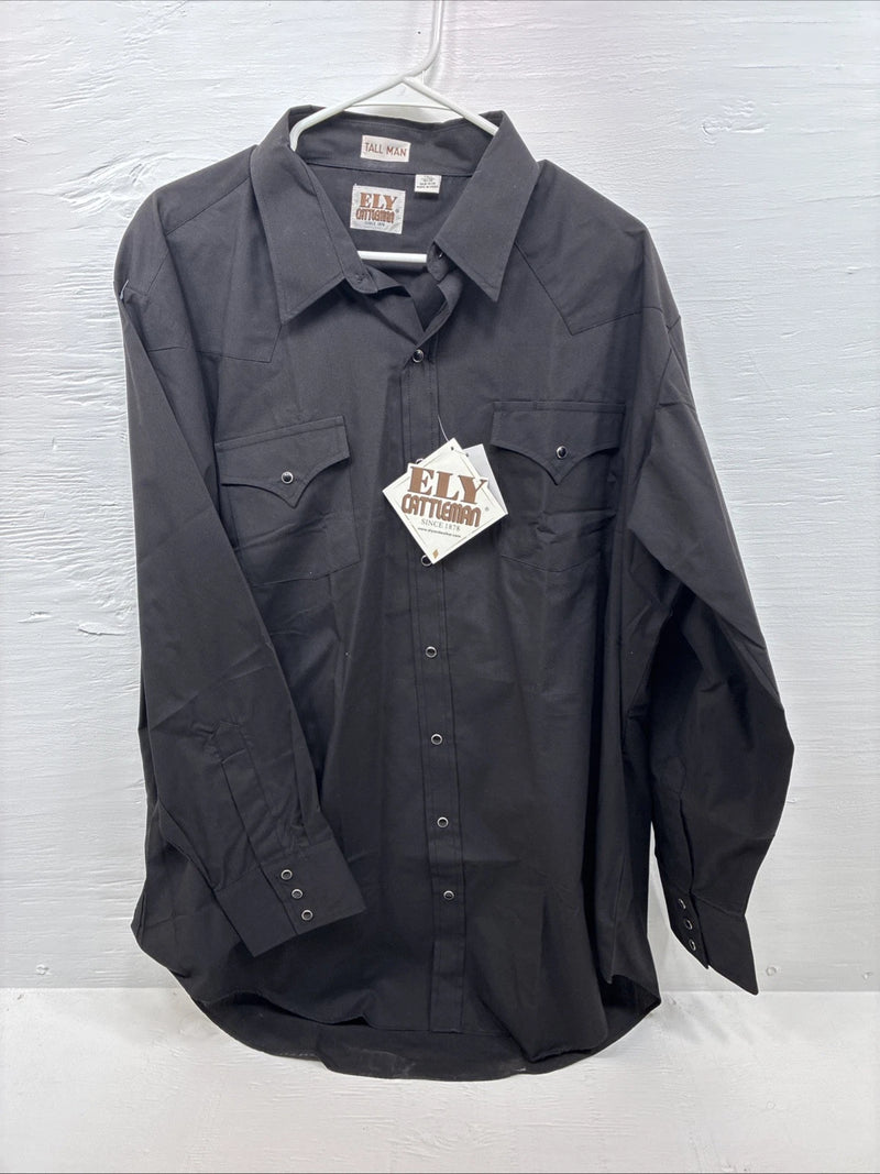 New Men’s ELY Cattleman Black Western Long Sleeve Pearl Snap 2XL F-68