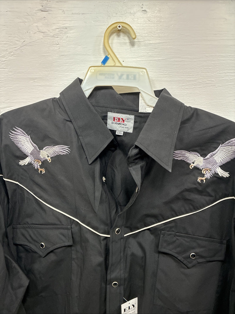 New Men’s ELY diamond Black Western Eagle Long Sleeve Pearls Snap 2XL F-67 