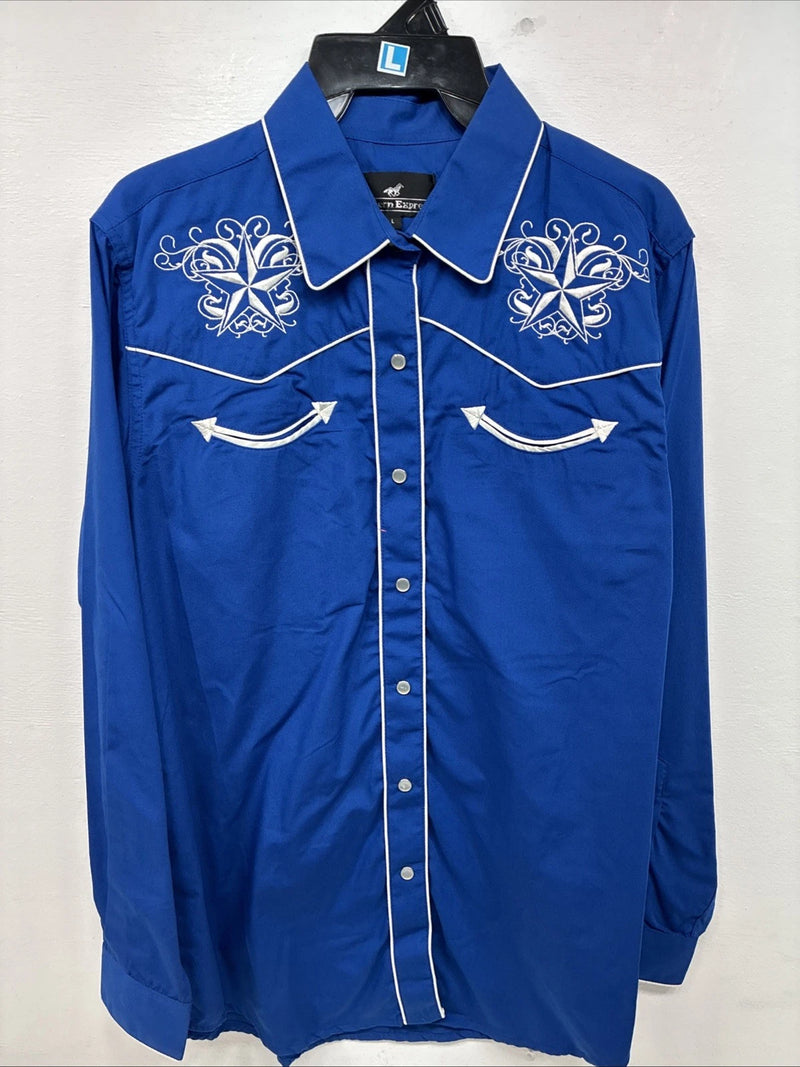 New Women’s Western Express Blue Design Long Sleeve Pearl Snap Large II-69