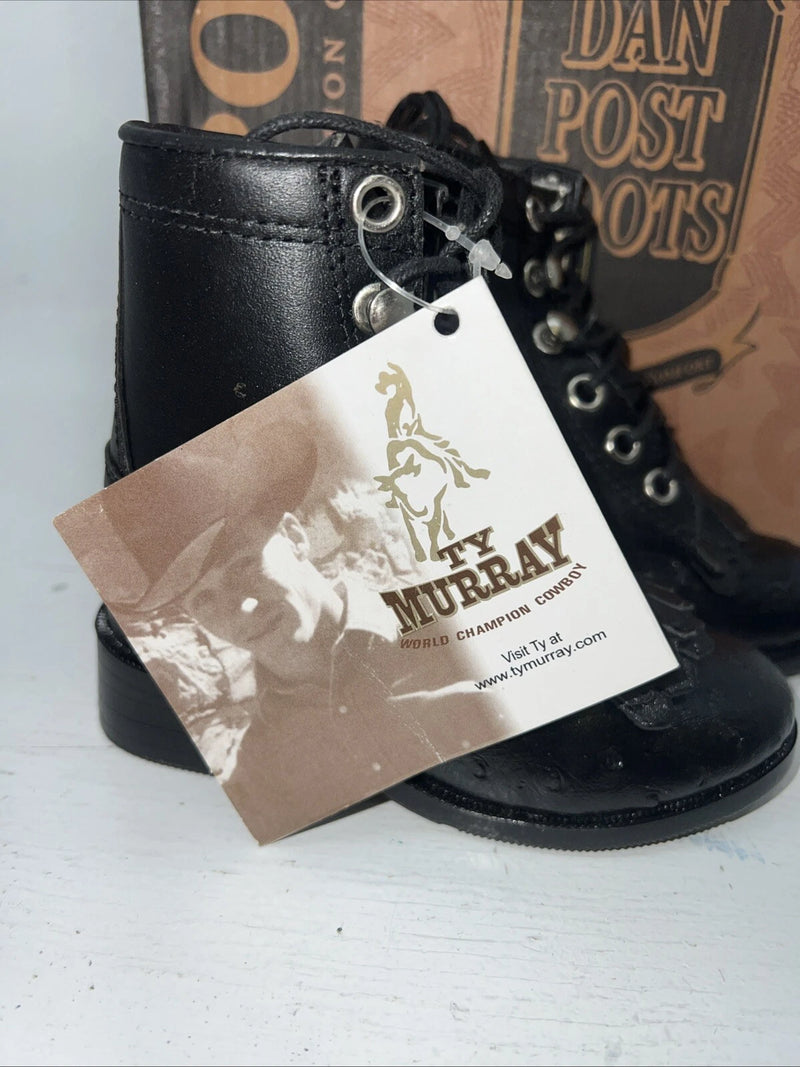 New Infant Dan Post Black Ostrich Print Lace Up Cowboy Boots. 4.5  4 1/2 D. 24-2