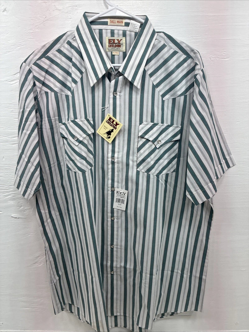 New Men’s ELY Cattleman Blue White Stripe Short Sleeve Pearl Snap XL M-21