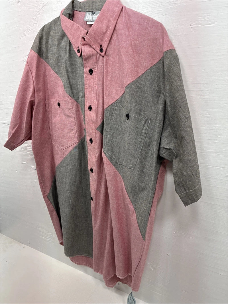 New Men’s Cowboy Threads Pink Gray Short Sleeve Button Up Medium O-77