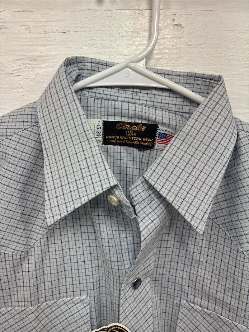 New Men’s Circle S Blue Gray Plaid Long Sleeve Pearl Snap 15 X 34 Medium Q-108