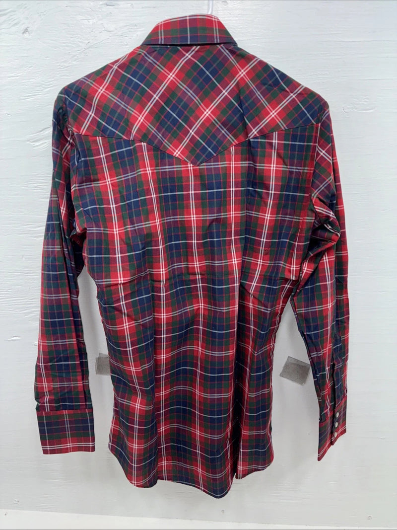 New Men’s ELY Plains Red Plaid Long Sleeve Pearl Snap 14.5 X 33 Small AA-92