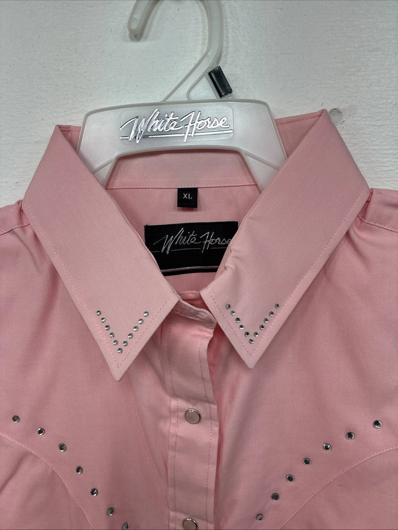 New Women’s White Horse Pink Gem Long Sleeve Pearl Snap XL II-38