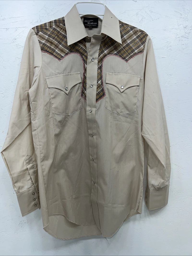 New Men’s Champion western Tan Long Sleeve Pearl Snap 14.5 X 33 Small A-191