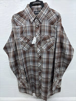 New Men’s White Horse Brown Plaid Long Sleeve Pearl Snap XL H-81