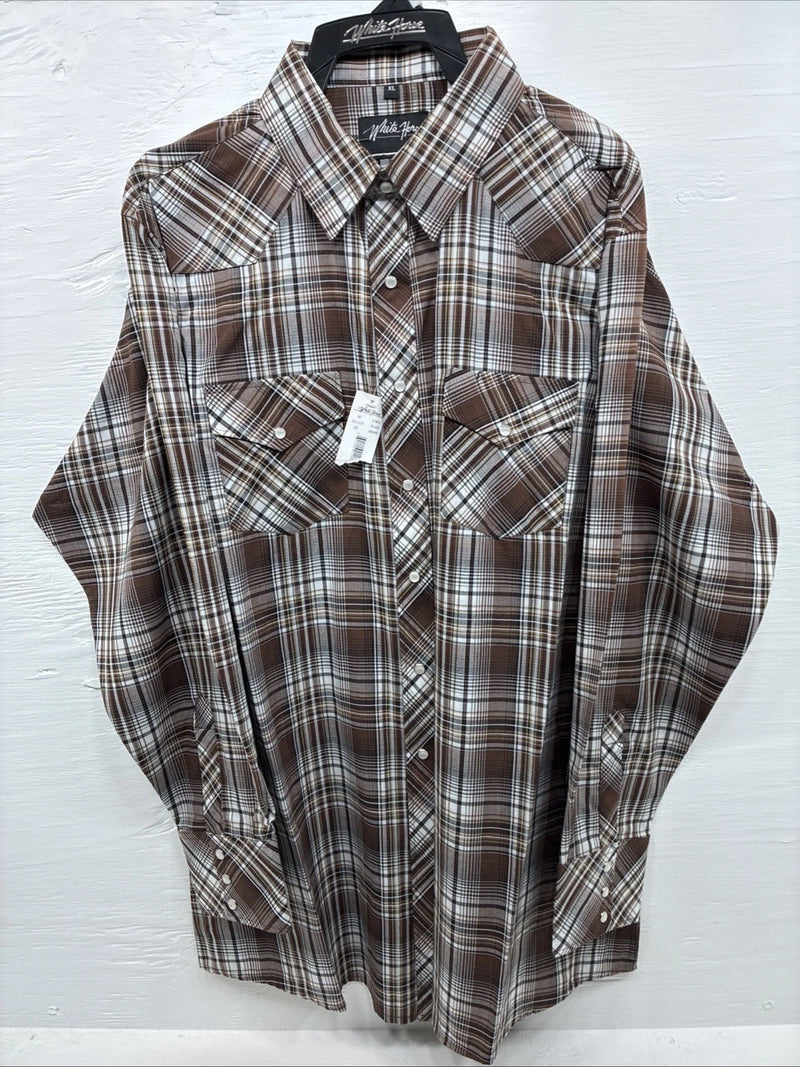 New Men’s White Horse Brown Plaid Long Sleeve Pearl Snap XL H-81