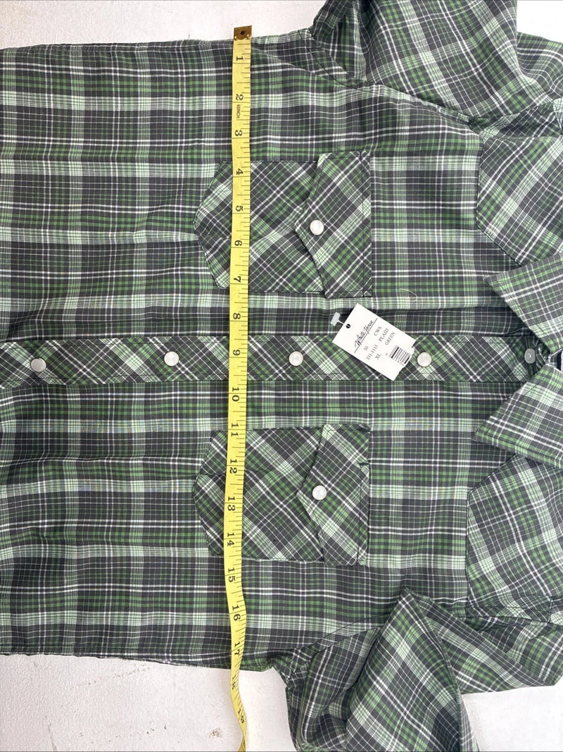 New Kids White Horse Green Plaid Long Sleeve Pearl Snap XL DD-59 