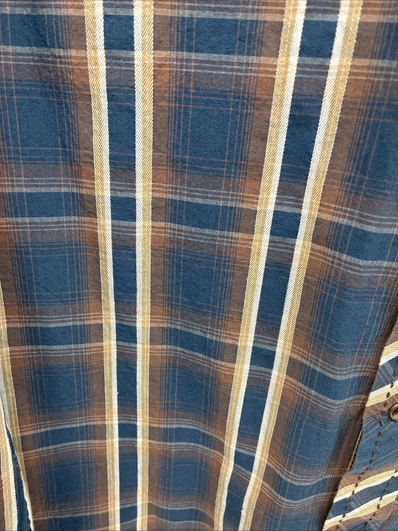 New Men’s ELY 1878 Blue Brown Plaid Long Sleeve Pearl Snap XL T-13