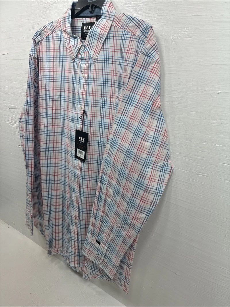 New Men’s ELY Cattleman White Multicolor Plaid Long Sleeve Button Up XL R-52