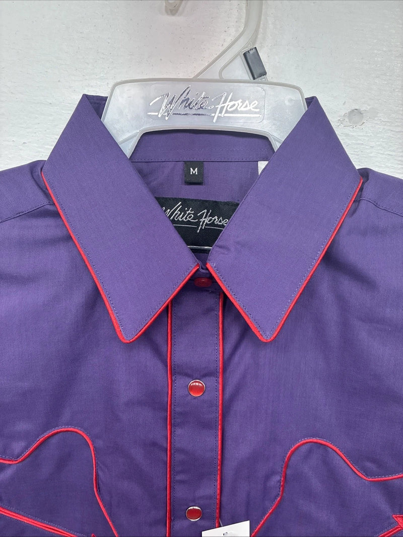 New Women’s White Horse Purple Long Sleeve Pearl Snap Medium KK-33