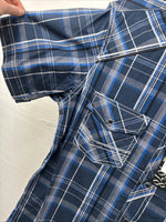 New Men’s ELY 1878 Blue Black Plaid Short Sleeve Pearl Snap Medium J-91