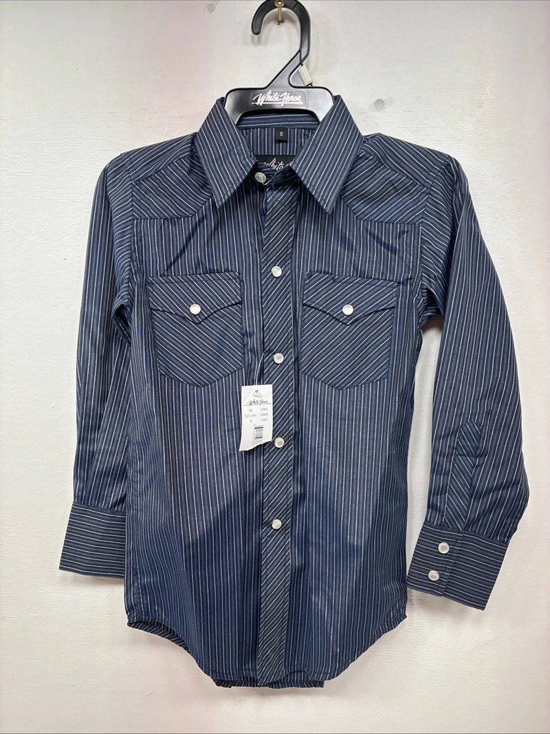 New Kids White Horse Blue Stripe Long Sleeve Pearl Snap Small DD-137
